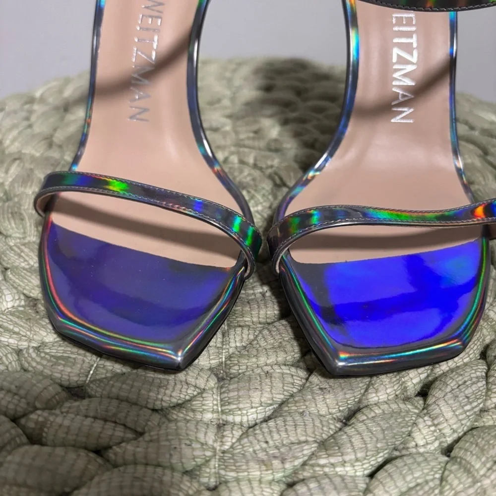 NEW Stuart Weitzman Aleena 100 Silver Hologram Square Toe Slip On Sandal Heels